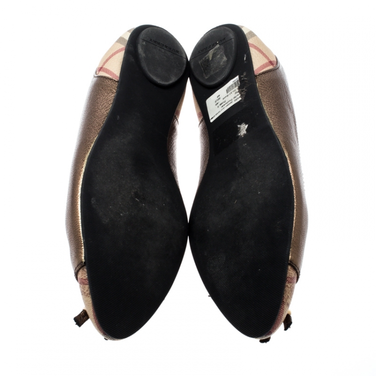 Pre Owned Burberry Metallic Bronze Nova Check Leather Ballet Flats Size 40