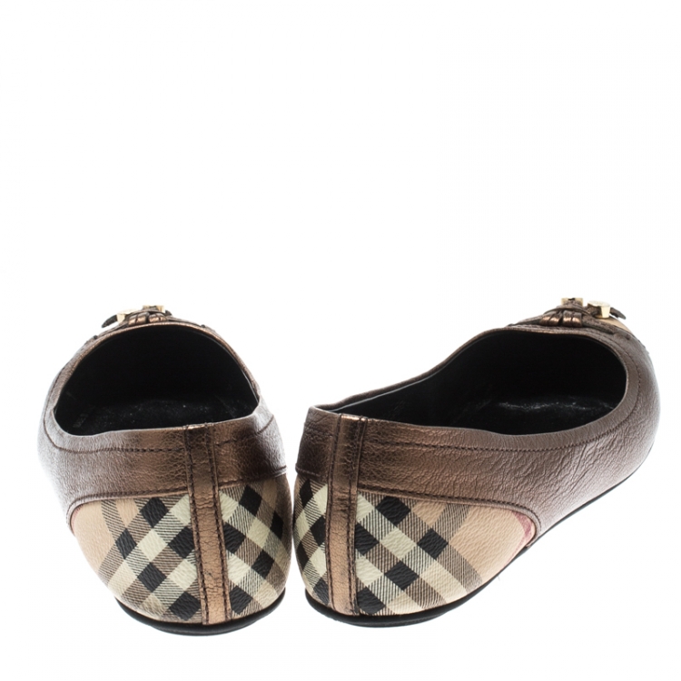 Pre Owned Burberry Metallic Bronze Nova Check Leather Ballet Flats Size 40