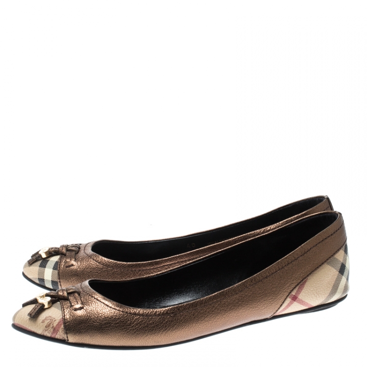 Pre Owned Burberry Metallic Bronze Nova Check Leather Ballet Flats Size 40