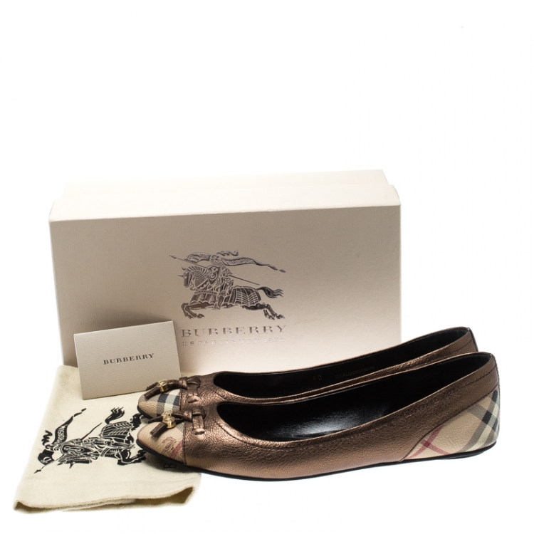 Pre Owned Burberry Metallic Bronze Nova Check Leather Ballet Flats Size 40