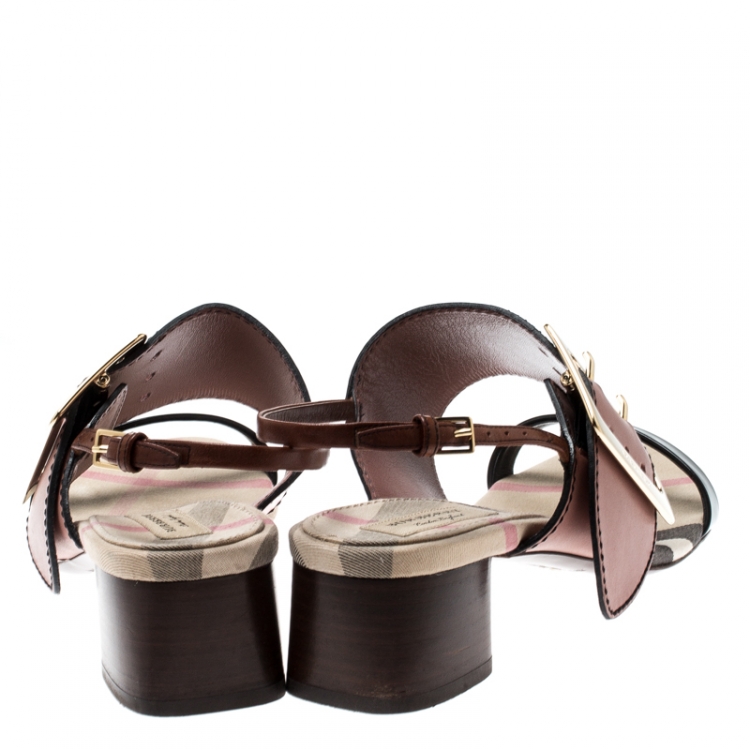 مملوكة مسبقًا Burberry Tricolor Leather Sawley Trench Buckle Slingback Sandals Size 40