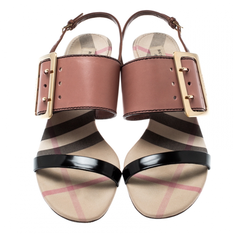 مملوكة مسبقًا Burberry Tricolor Leather Sawley Trench Buckle Slingback Sandals Size 40