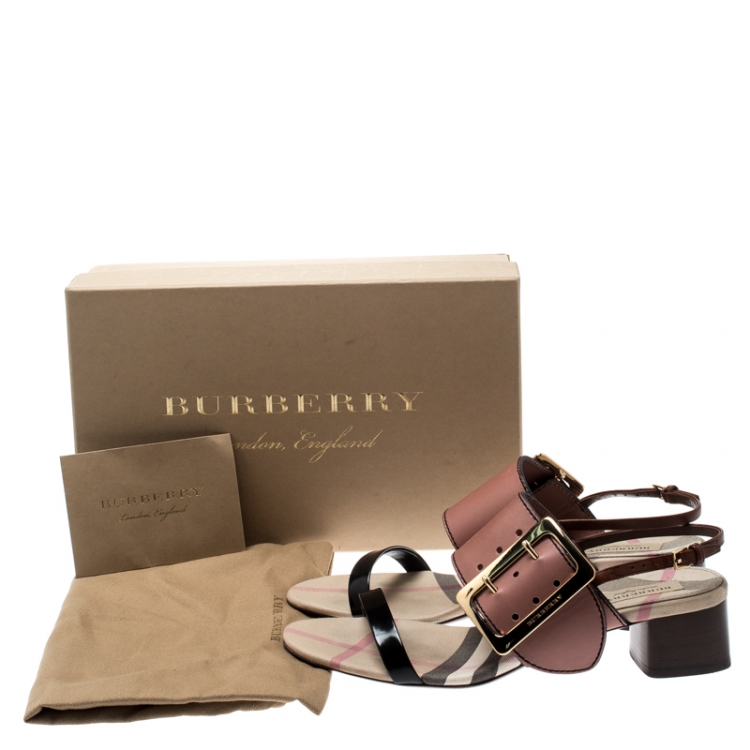 مملوكة مسبقًا Burberry Tricolor Leather Sawley Trench Buckle Slingback Sandals Size 40