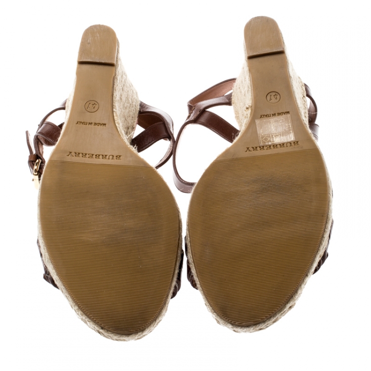 Pre Owned Burberry Brown Belted Leather Espadrille Wedges Sandals Size 41