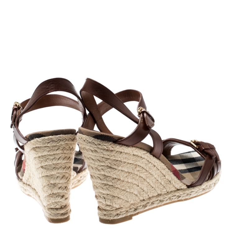 Pre Owned Burberry Brown Belted Leather Espadrille Wedges Sandals Size 41