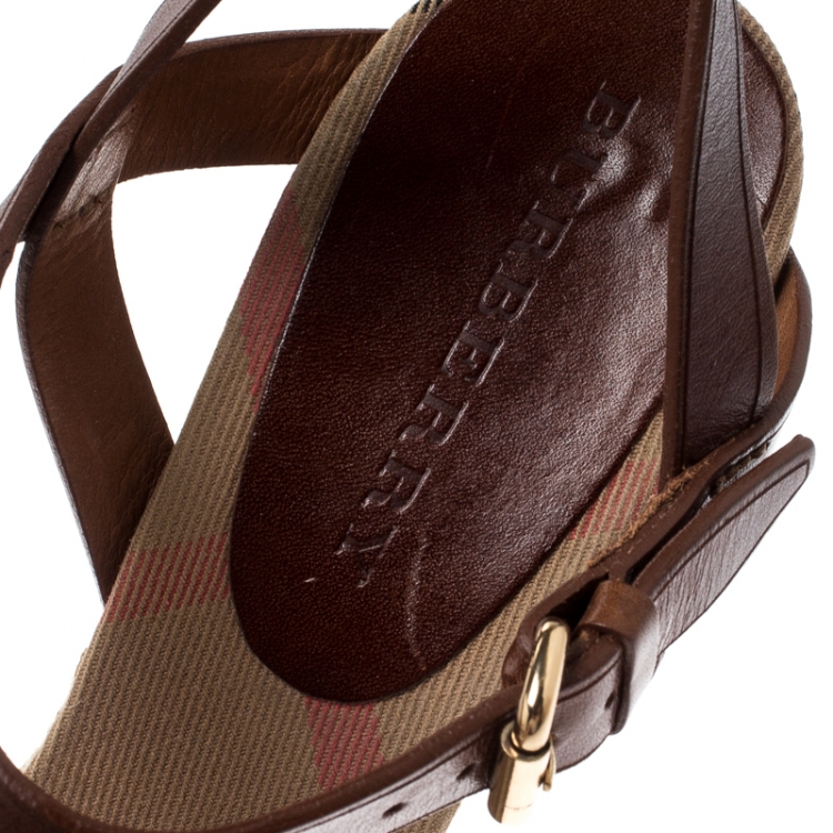 Pre Owned Burberry Brown Belted Leather Espadrille Wedges Sandals Size 41