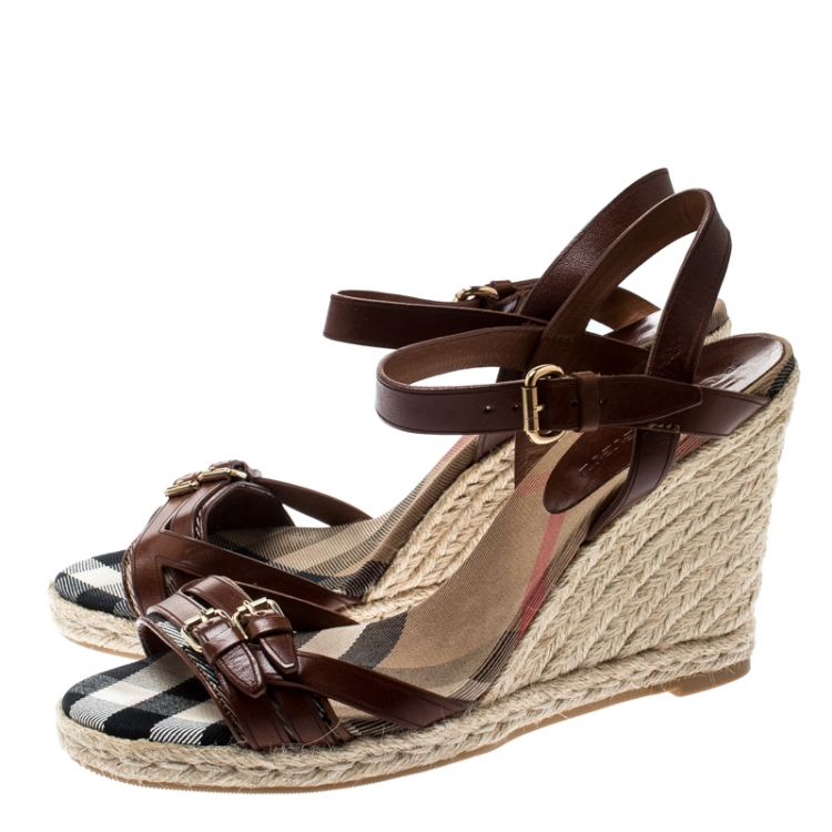Pre Owned Burberry Brown Belted Leather Espadrille Wedges Sandals Size 41