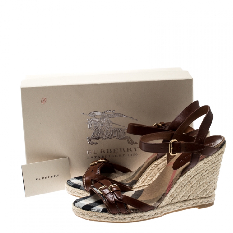 Pre Owned Burberry Brown Belted Leather Espadrille Wedges Sandals Size 41