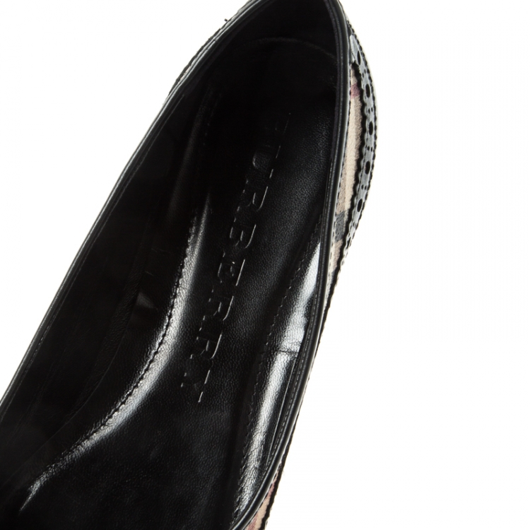 Pre Owned Burberry Black Brogue Leather And Haymarket Check PVC Tudor Ballet Flats Size 41