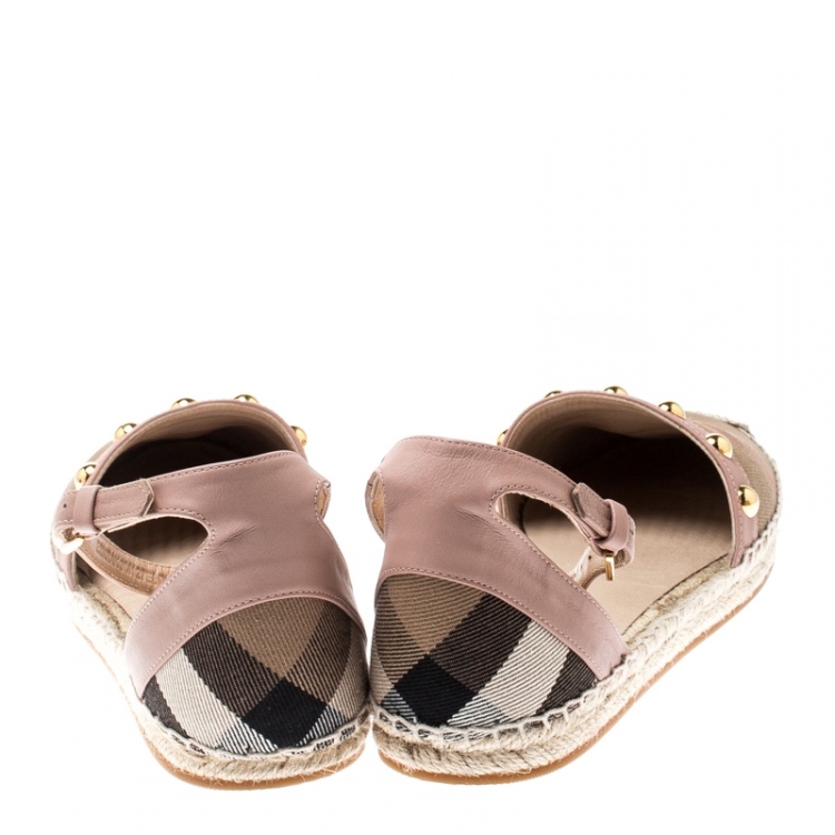 Pre Owned Burberry Pink Studded Leather and Nova Check Canvas Abbingdon Espadrille Flats Size 40.5