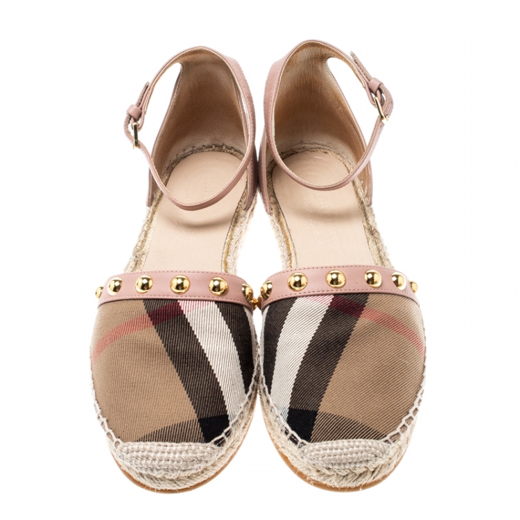 Pre Owned Burberry Pink Studded Leather and Nova Check Canvas Abbingdon Espadrille Flats Size 40.5