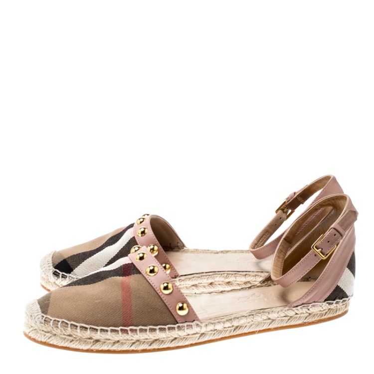 Pre Owned Burberry Pink Studded Leather and Nova Check Canvas Abbingdon Espadrille Flats Size 40.5
