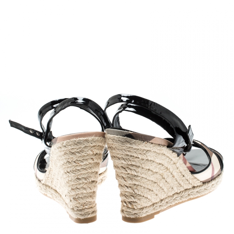 Pre Owned Burberry Black Nova Check Patent Leather and PVC Ankle Strap Espadrille Wedges Size 41