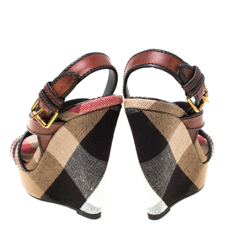 Pre Owned Burberry Brown Novacheck Canvas and Leather Warlow Platform Wedge Sandals Size 36.5