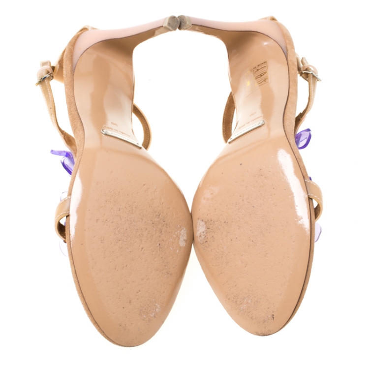 Pre Owned Burberry Beige Leather Transparent Flower Embellished Ankle Strap Sandals Size 36