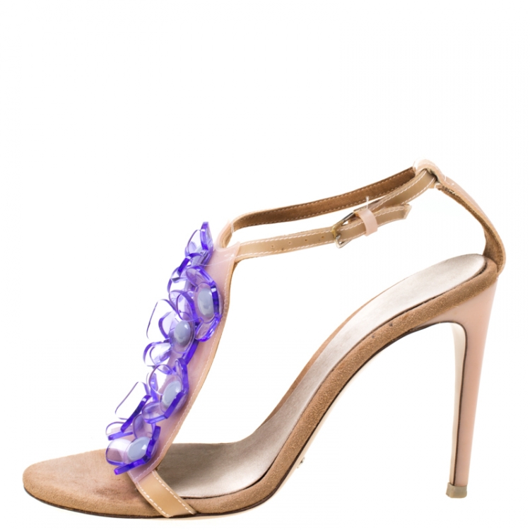Pre Owned Burberry Beige Leather Transparent Flower Embellished Ankle Strap Sandals Size 36