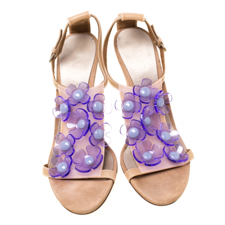 Pre Owned Burberry Beige Leather Transparent Flower Embellished Ankle Strap Sandals Size 36