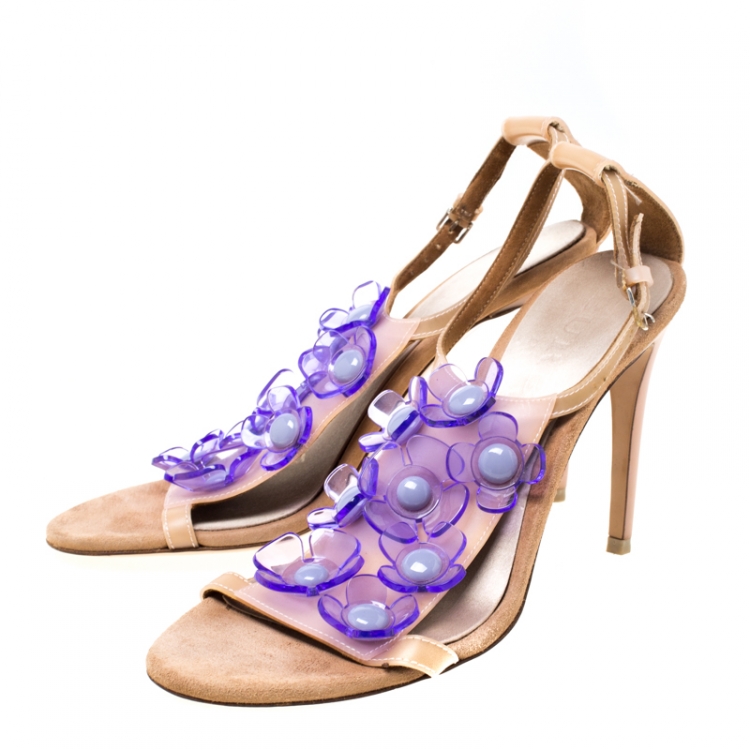 Pre Owned Burberry Beige Leather Transparent Flower Embellished Ankle Strap Sandals Size 36