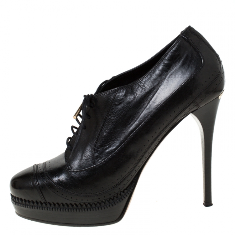 Pre Owned Burberry Black Brogue Leather Lace Up Platform Ankle Boots Size 40