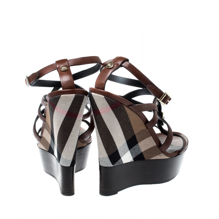 Pre Owned Burberry Brown Strappy Leather Platform Housecheck Wedge Sandals Size 39