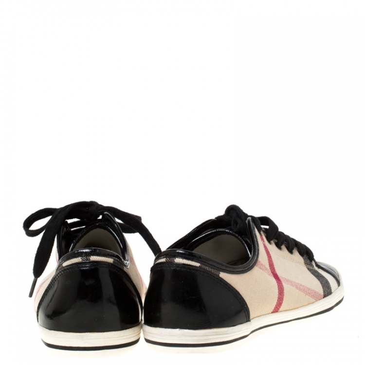 Pre Owned Burberry Beige/Black Nova Check Canvas and Patent Leather Lace Up Sneakers Size 37