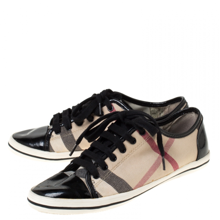 Pre Owned Burberry Beige/Black Nova Check Canvas and Patent Leather Lace Up Sneakers Size 37