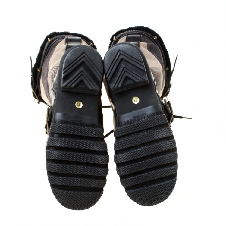 Pre Owned Burberry Black Leather And Brown Mega Check Canvas Lace Up Fur Lined High Weather Boots Size 35