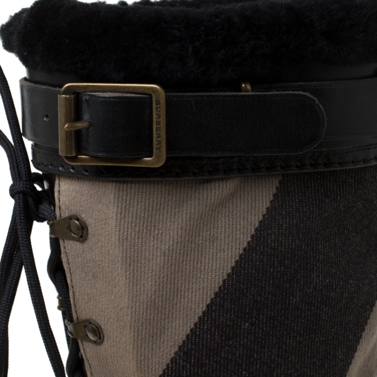 Pre Owned Burberry Black Leather And Brown Mega Check Canvas Lace Up Fur Lined High Weather Boots Size 35