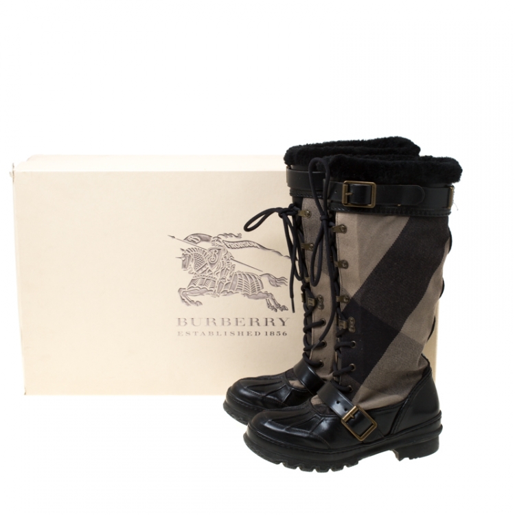 Pre Owned Burberry Black Leather And Brown Mega Check Canvas Lace Up Fur Lined High Weather Boots Size 35