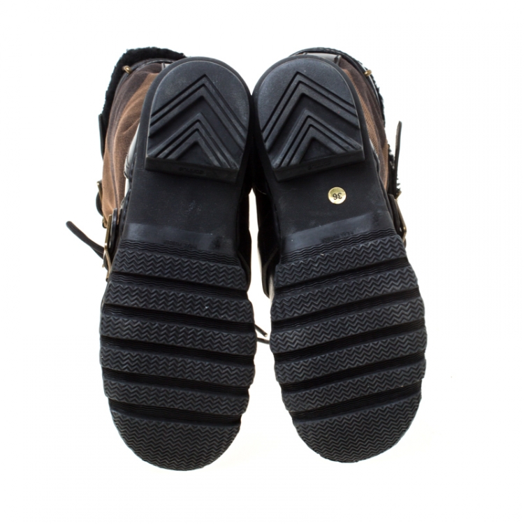 Pre Owned Burberry Black Leather And Brown Mega Check Canvas Lace Up Fur Lined High Weather Boots Size 36