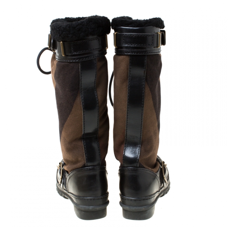 Pre Owned Burberry Black Leather And Brown Mega Check Canvas Lace Up Fur Lined High Weather Boots Size 36