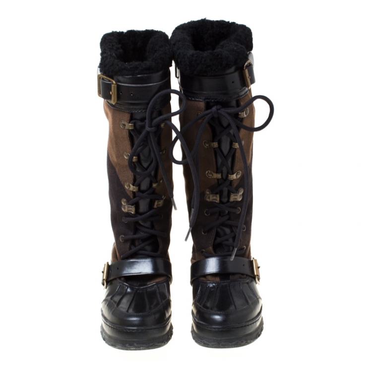 Pre Owned Burberry Black Leather And Brown Mega Check Canvas Lace Up Fur Lined High Weather Boots Size 36