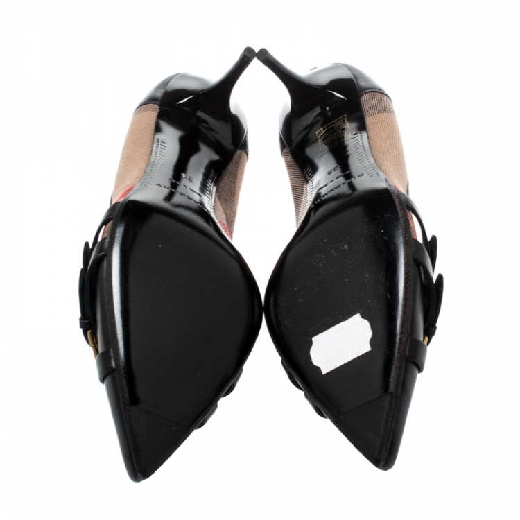 Pre Owned Burberry Black Nova Check Canvas and Leather Buckle Pointed Toe Pumps Size 38