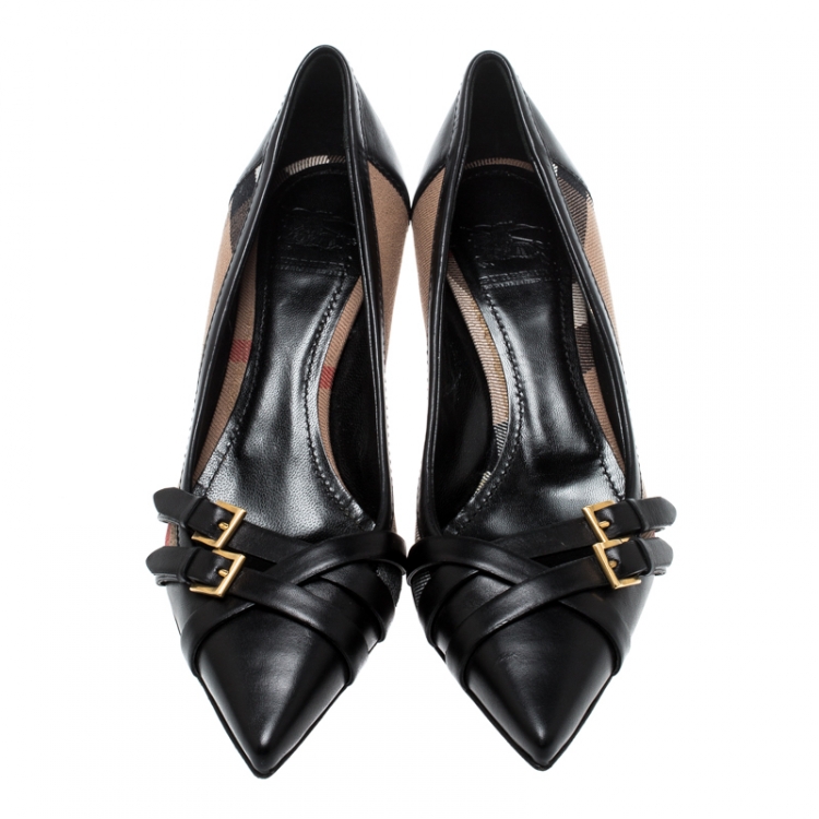 Pre Owned Burberry Black Nova Check Canvas and Leather Buckle Pointed Toe Pumps Size 38