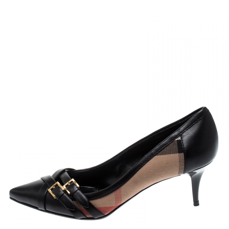 Pre Owned Burberry Black Nova Check Canvas and Leather Buckle Pointed Toe Pumps Size 38