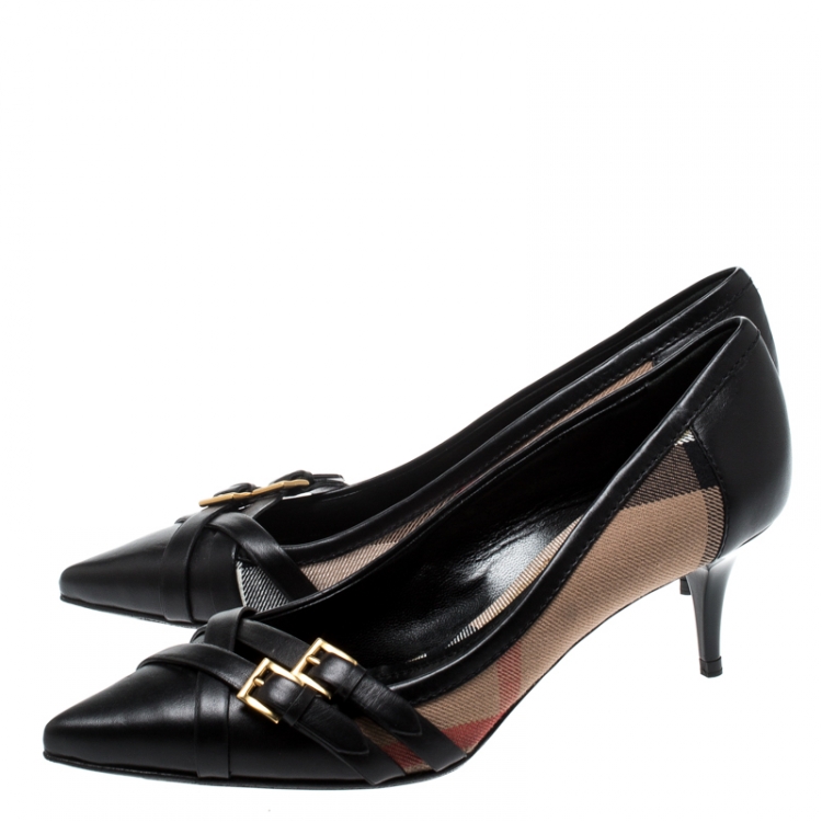 Pre Owned Burberry Black Nova Check Canvas and Leather Buckle Pointed Toe Pumps Size 38