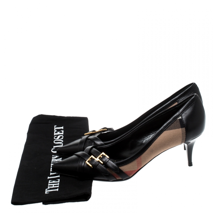 Pre Owned Burberry Black Nova Check Canvas and Leather Buckle Pointed Toe Pumps Size 38