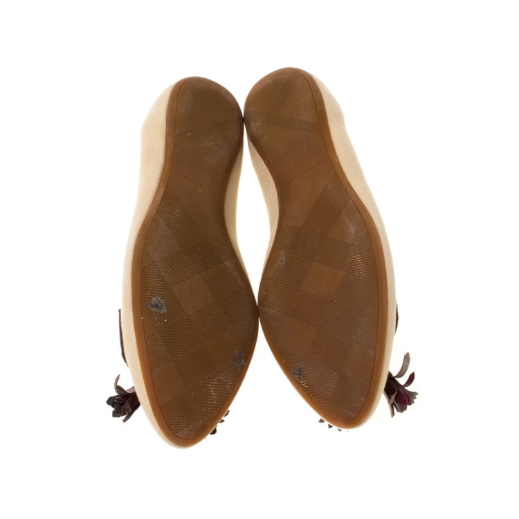 Pre Owned Burberry Beige and Burgundy Canvas and Leather Tassel Ballet Flats Size 38.5