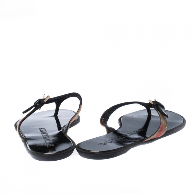 Pre Owned Burberry Black Leather and Canvas Masie Belted Check Thong Sandals Size 37