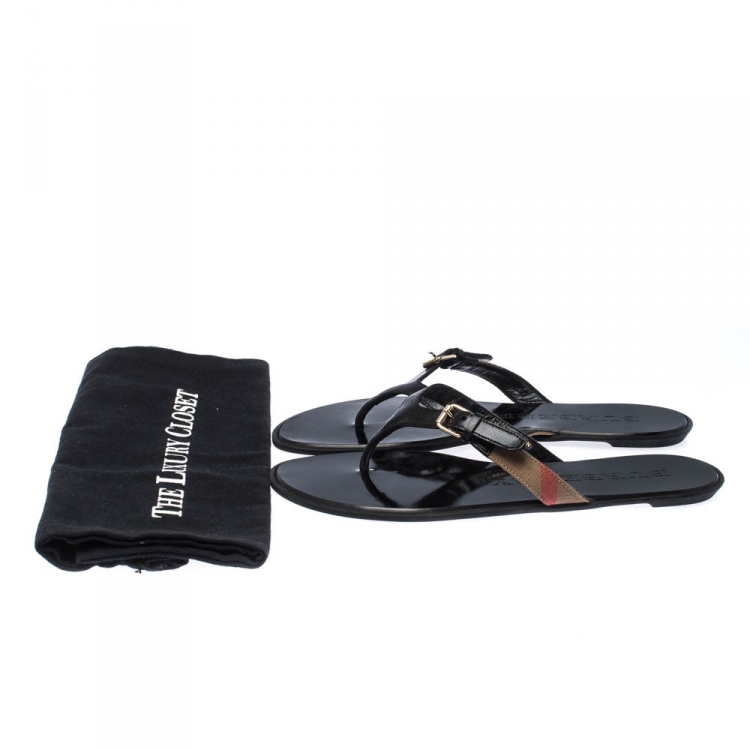 Pre Owned Burberry Black Leather and Canvas Masie Belted Check Thong Sandals Size 37