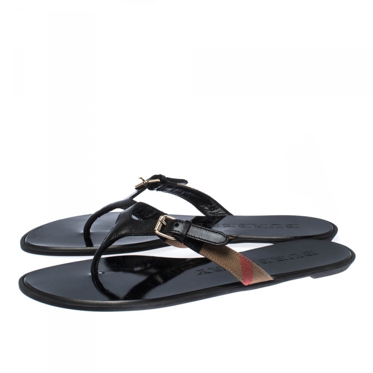 Pre Owned Burberry Black Leather and Canvas Masie Belted Check Thong Sandals Size 37