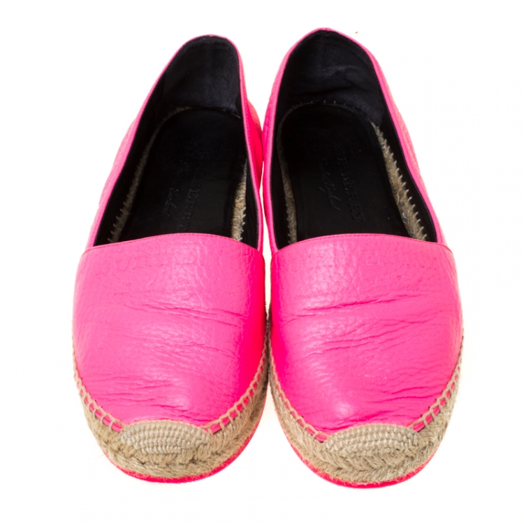 Pre Owned Burberry Neon Pink Leather Hodgeson Logo Slip On Espadrilles Size 39