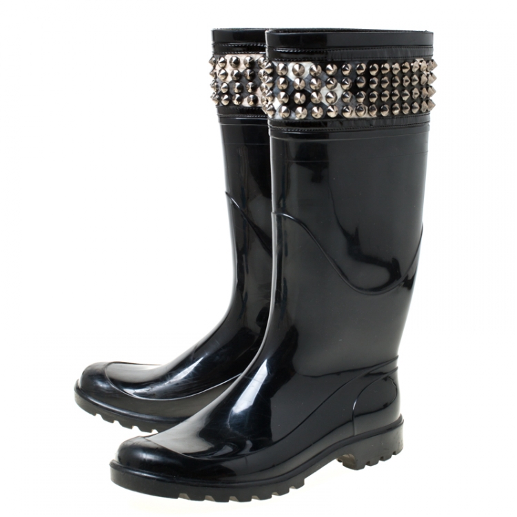 Pre Owned Burberry Black Studded House Check Trim Rubber Rain Boots Size 38
