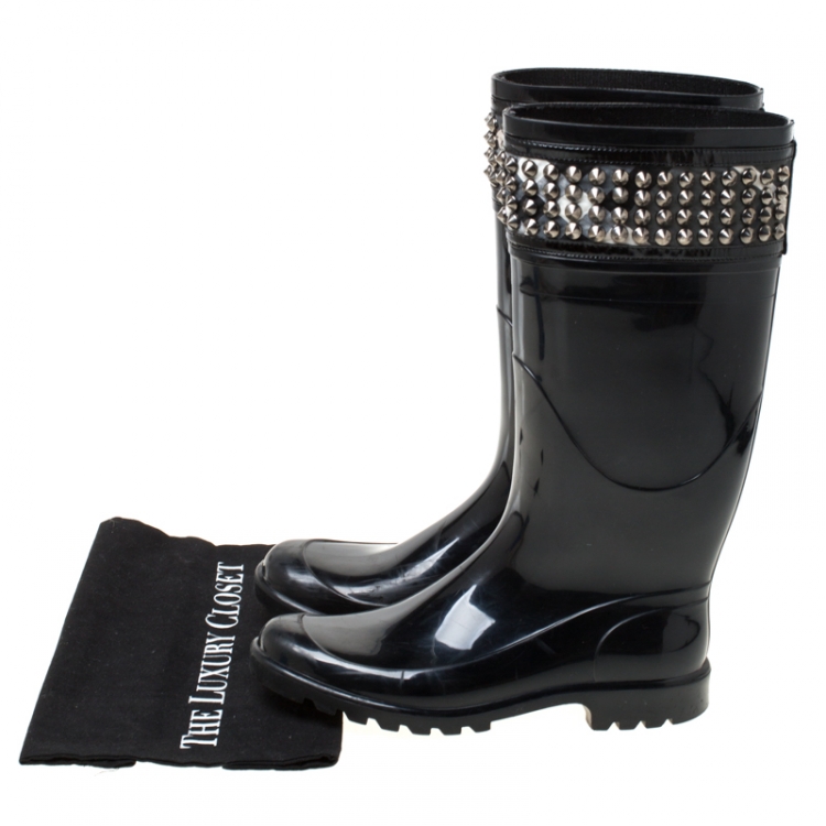 Pre Owned Burberry Black Studded House Check Trim Rubber Rain Boots Size 38