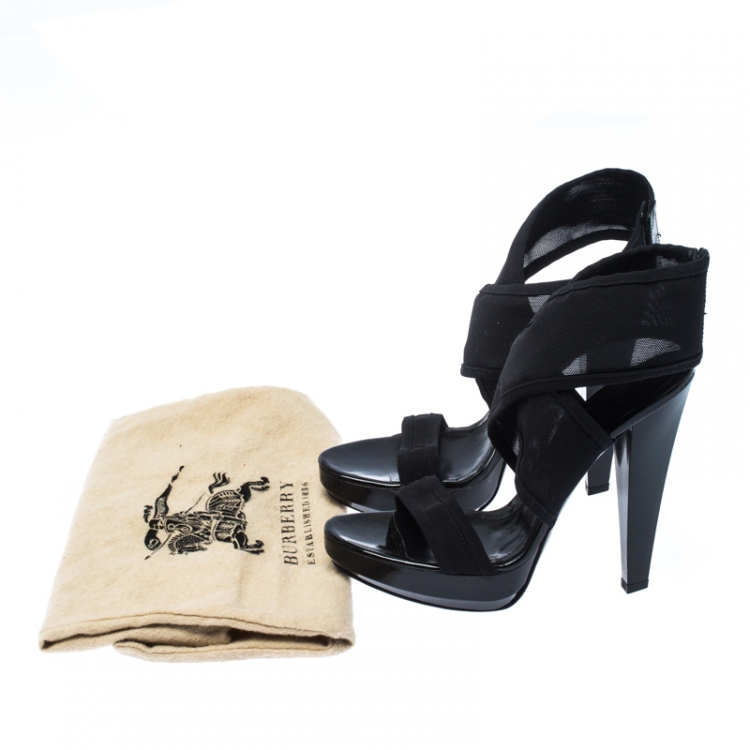 Pre Owned Burberry Black Mesh Cross Strap Platform Sandals Size 38