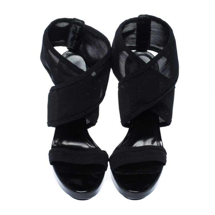 Pre Owned Burberry Black Mesh Cross Strap Platform Sandals Size 38