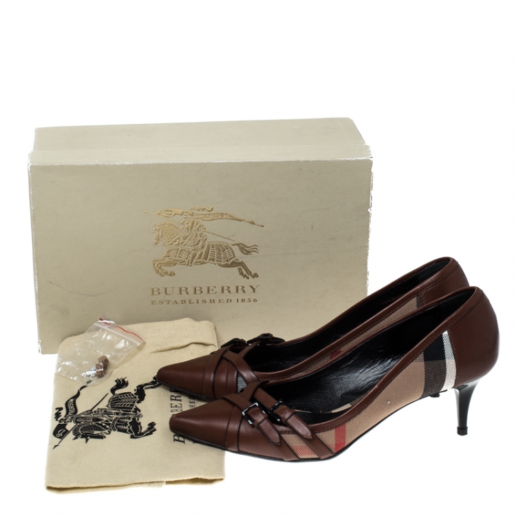 Pre Owned Burberry Brown Housecheck Canvas and Leather Pointed Toe Buckle Pumps Size 39.5