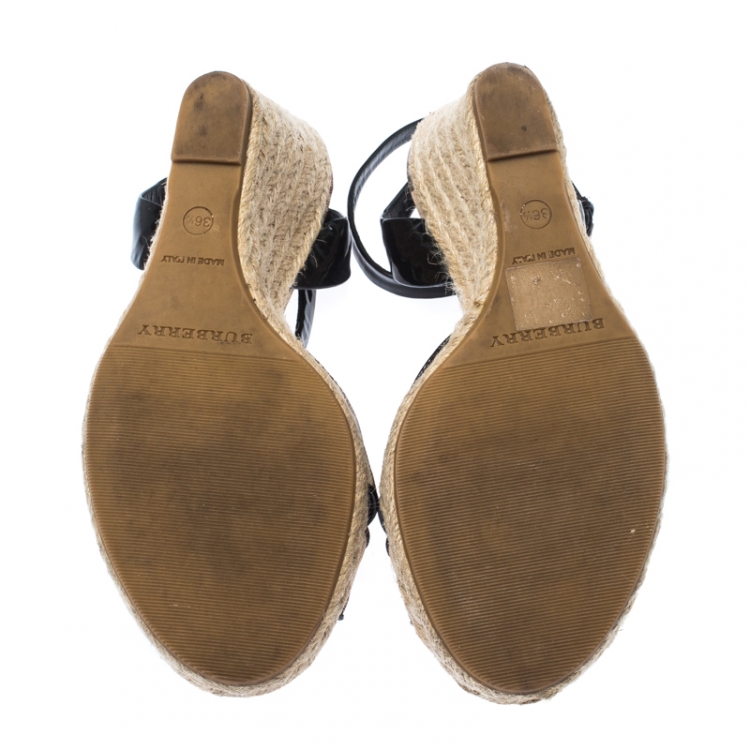 Pre Owned Burberry Black Patent Leather And Novacheck Canvas Espadrille Wedge Sandals Size 36.5