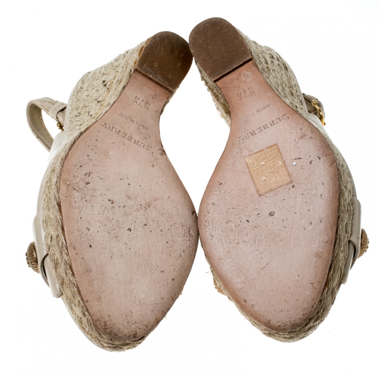 Pre Owned Burberry Beige Leather Studed Peep Toe Singback Wedges Platform Espadrille Sandals Size 37.5