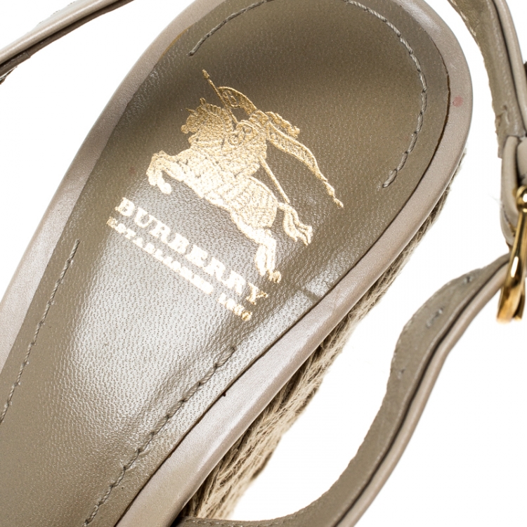 Pre Owned Burberry Beige Leather Studed Peep Toe Singback Wedges Platform Espadrille Sandals Size 37.5